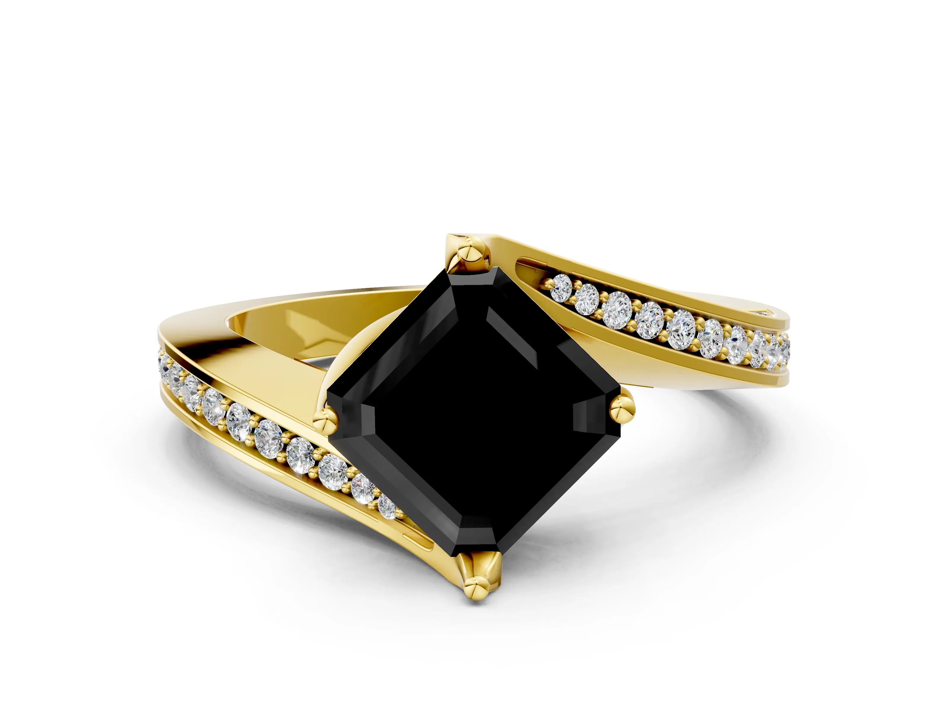 Yellow gold Fancy Black Asscher Cut Solitaire Diamond Twist Band with Pavé Setting and Four-Prong Setting
