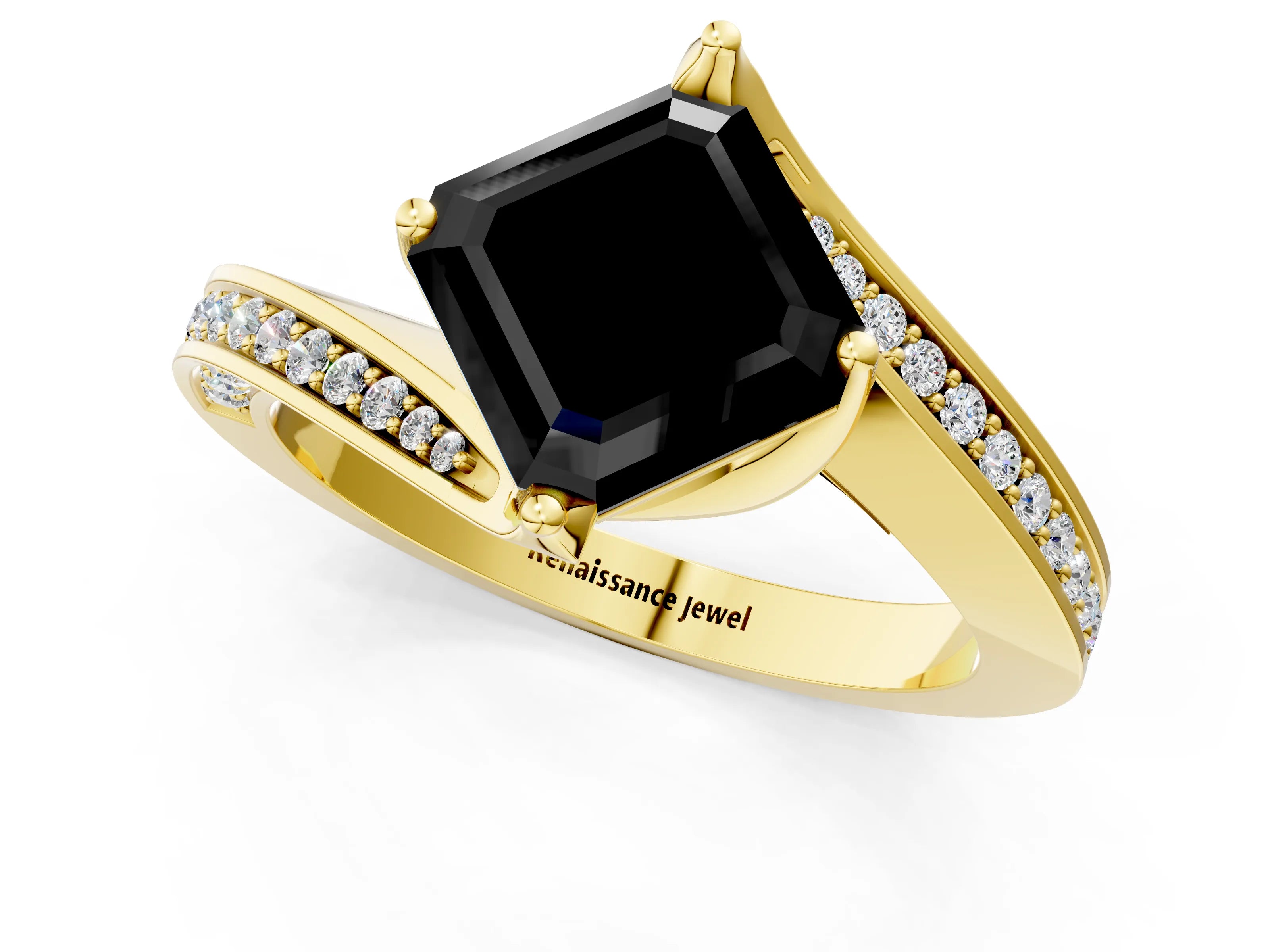 Yellow gold Fancy Black Asscher Cut Solitaire Diamond Twist Band with Pavé Setting and Four-Prong Setting_1