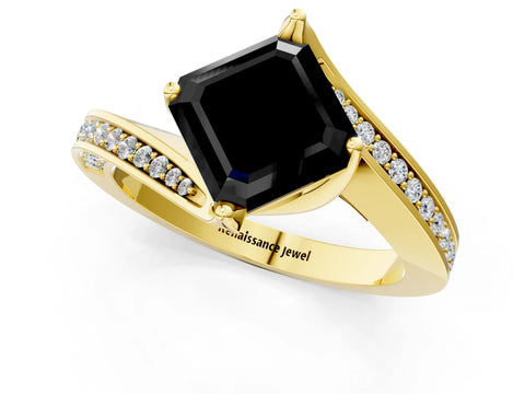 Yellow gold Fancy Black Asscher Cut Solitaire Diamond Twist Band with Pavé Setting and Four-Prong Setting_1