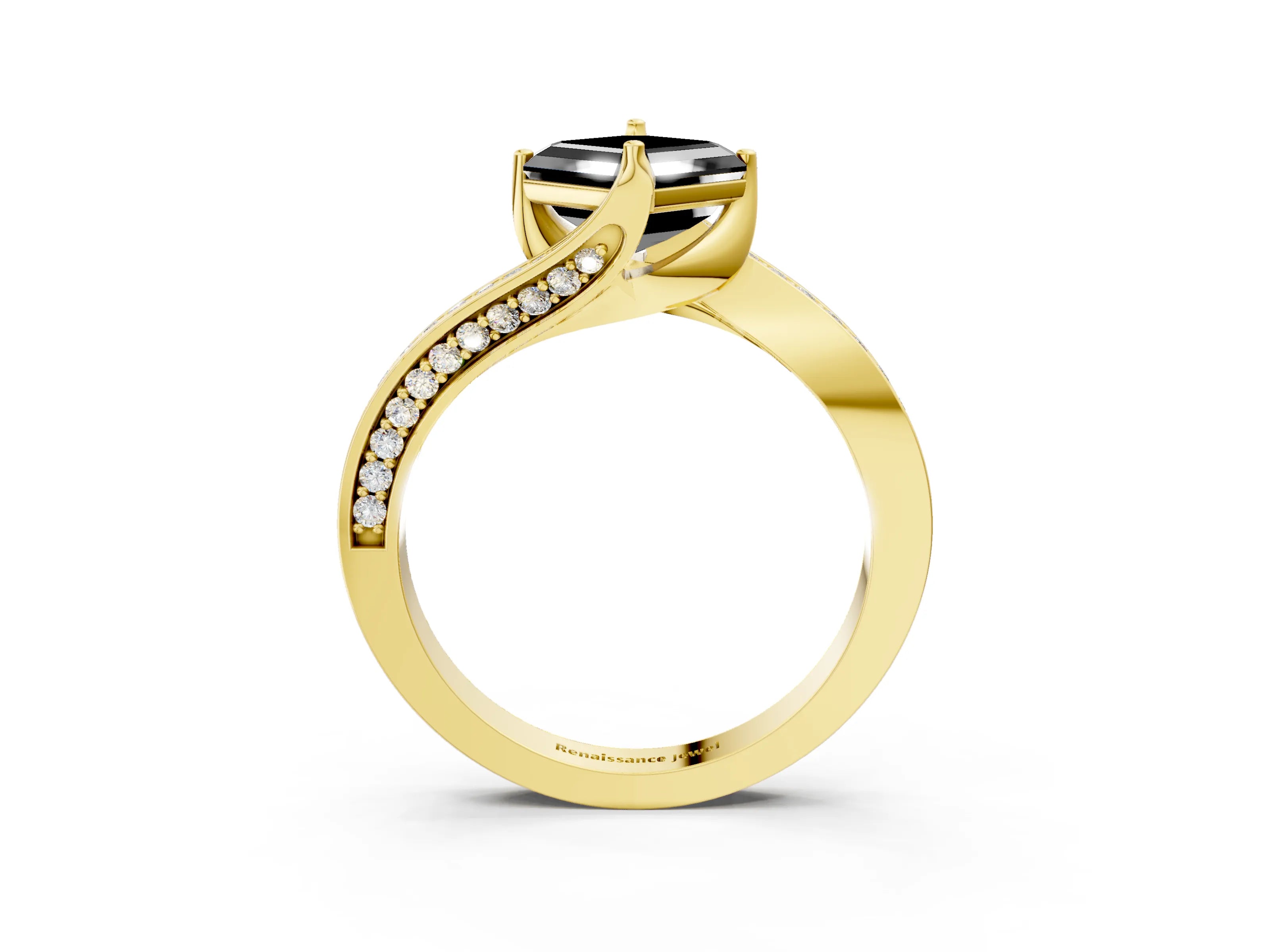 Yellow gold Fancy Black Asscher Cut Solitaire Diamond Twist Band with Pavé Setting and Four-Prong Setting_3