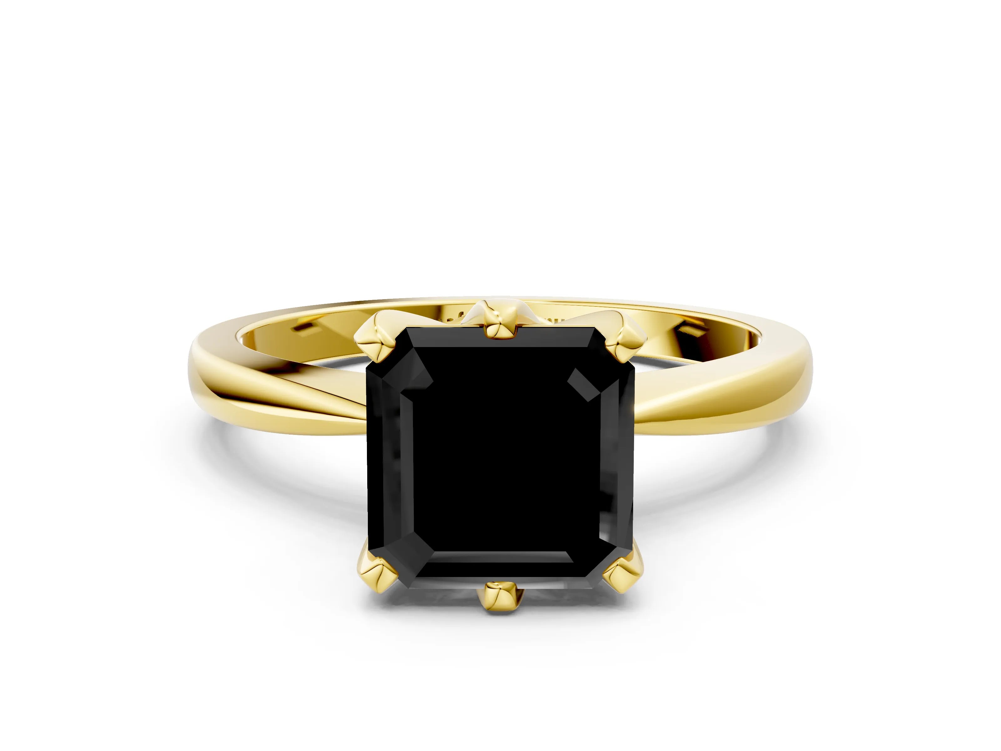 Yellow gold Fancy Black Asscher Cut Solitaire Engagement Ring with Six-Prong Setting and Tapered Band
