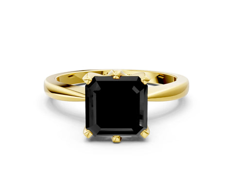 Yellow gold Fancy Black Asscher Cut Solitaire Engagement Ring with Six-Prong Setting and Tapered Band