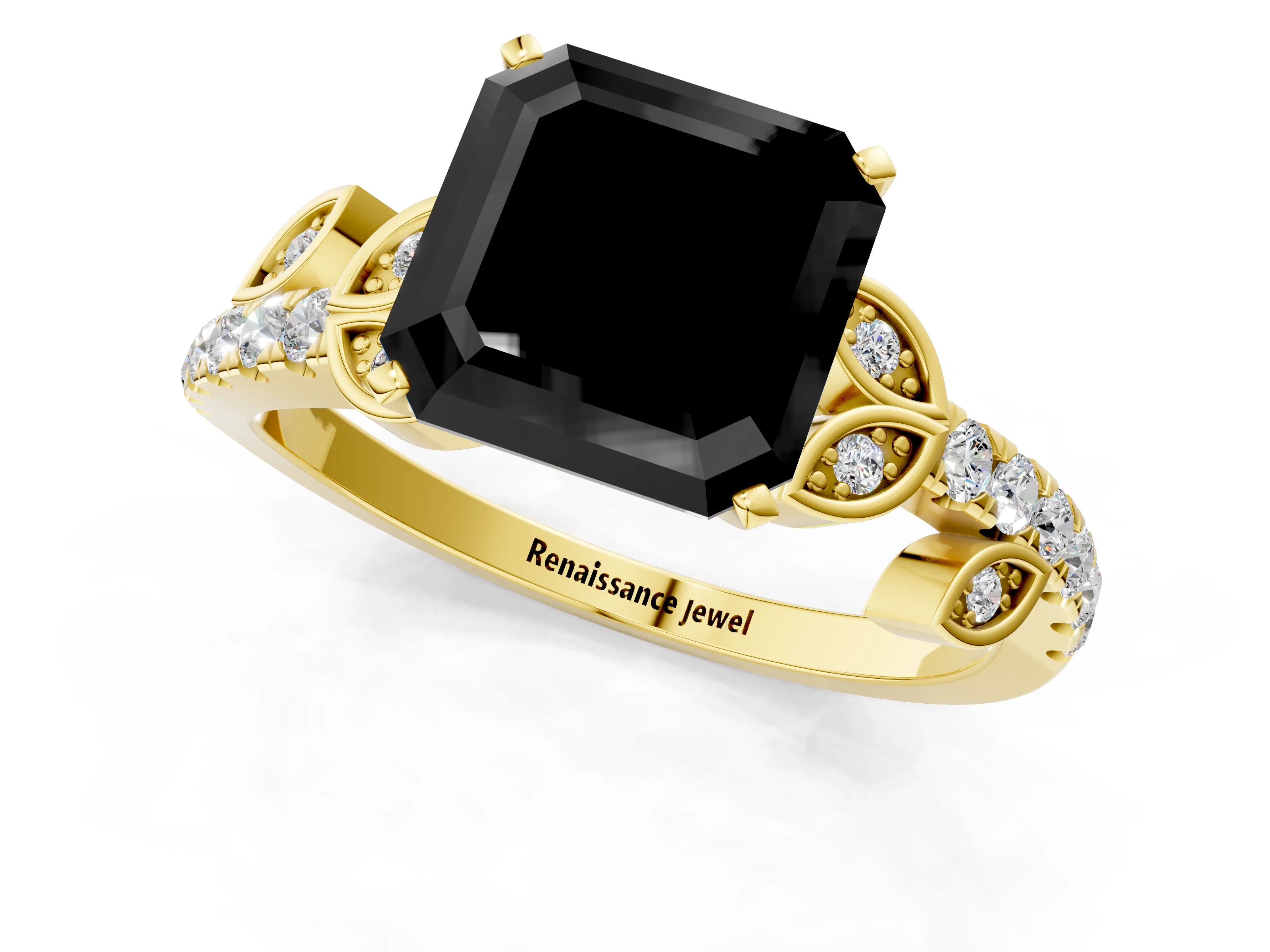 Yellow gold Fancy Black Asscher Cut Solitaire Leaf-Inspired Diamond Ring with Pavé Band and Four-Prong Setting_1