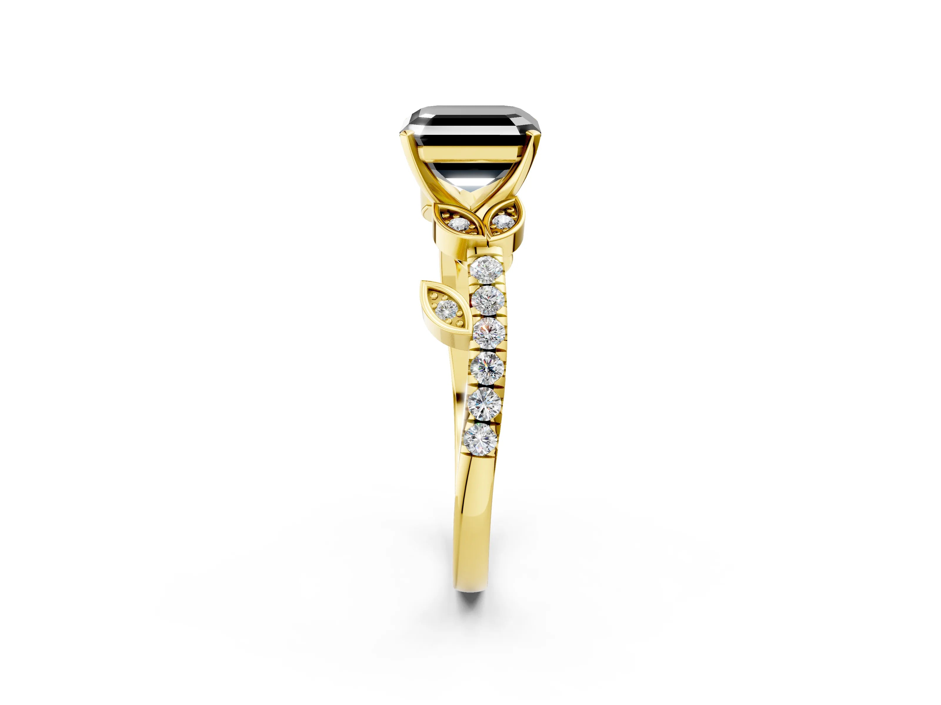 Yellow gold Fancy Black Asscher Cut Solitaire Leaf-Inspired Diamond Ring with Pavé Band and Four-Prong Setting_2