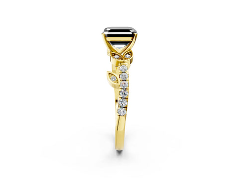 Yellow gold Fancy Black Asscher Cut Solitaire Leaf-Inspired Diamond Ring with Pavé Band and Four-Prong Setting_2