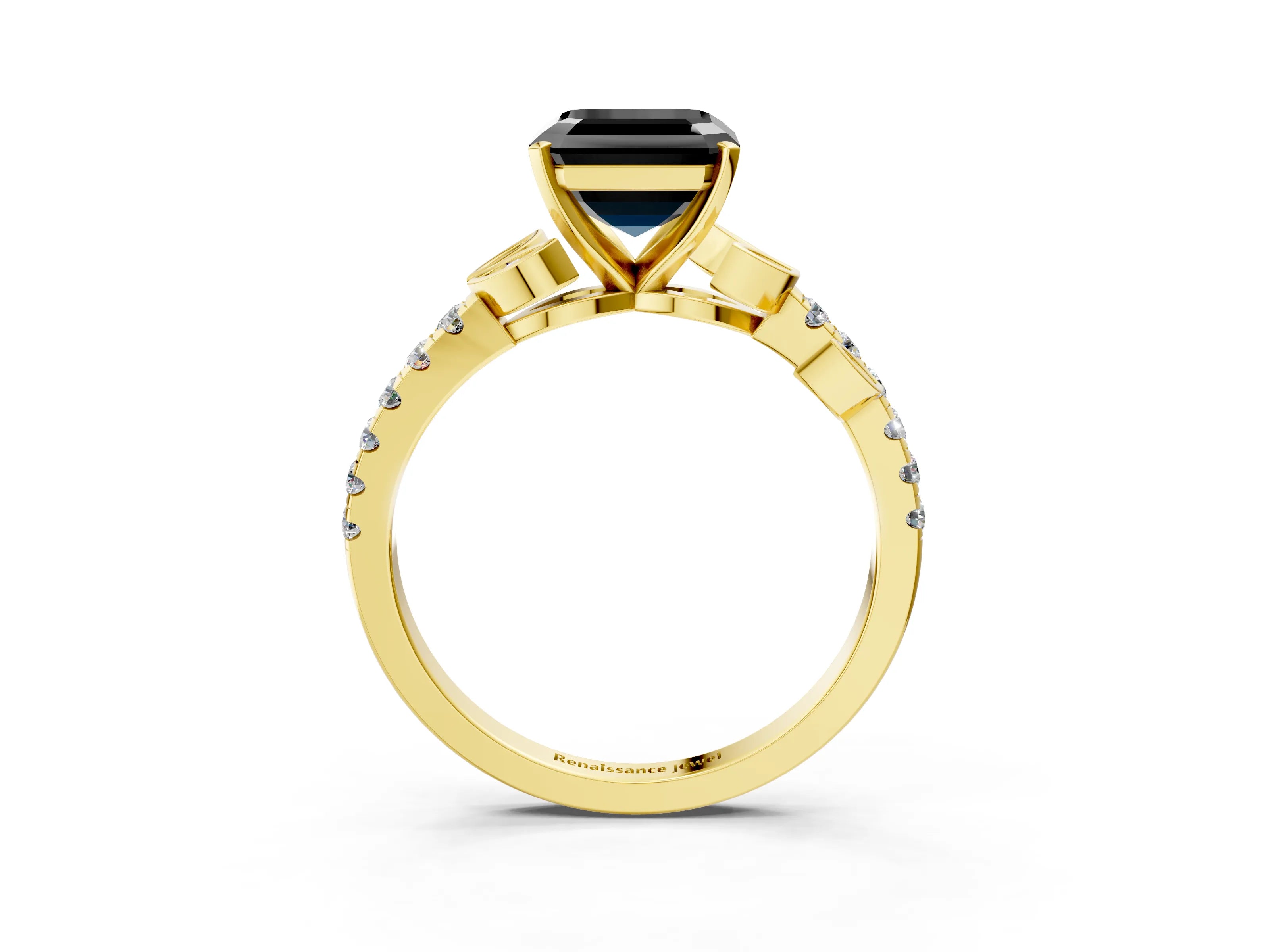 Yellow gold Fancy Black Asscher Cut Solitaire Leaf-Inspired Diamond Ring with Pavé Band and Four-Prong Setting_3