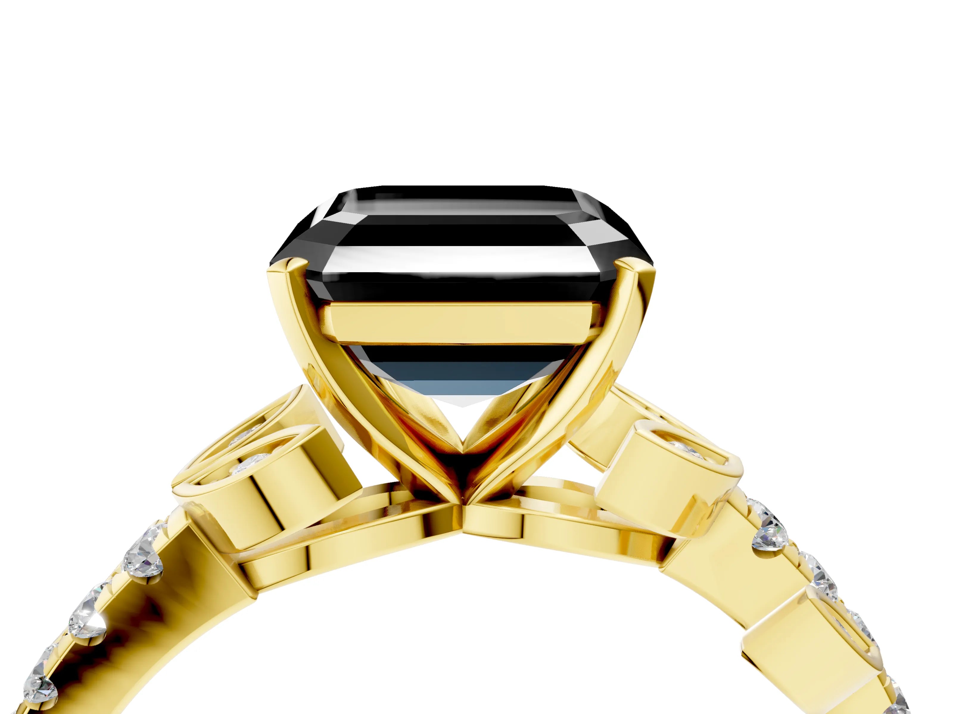 Yellow gold Fancy Black Asscher Cut Solitaire Leaf-Inspired Diamond Ring with Pavé Band and Four-Prong Setting_4