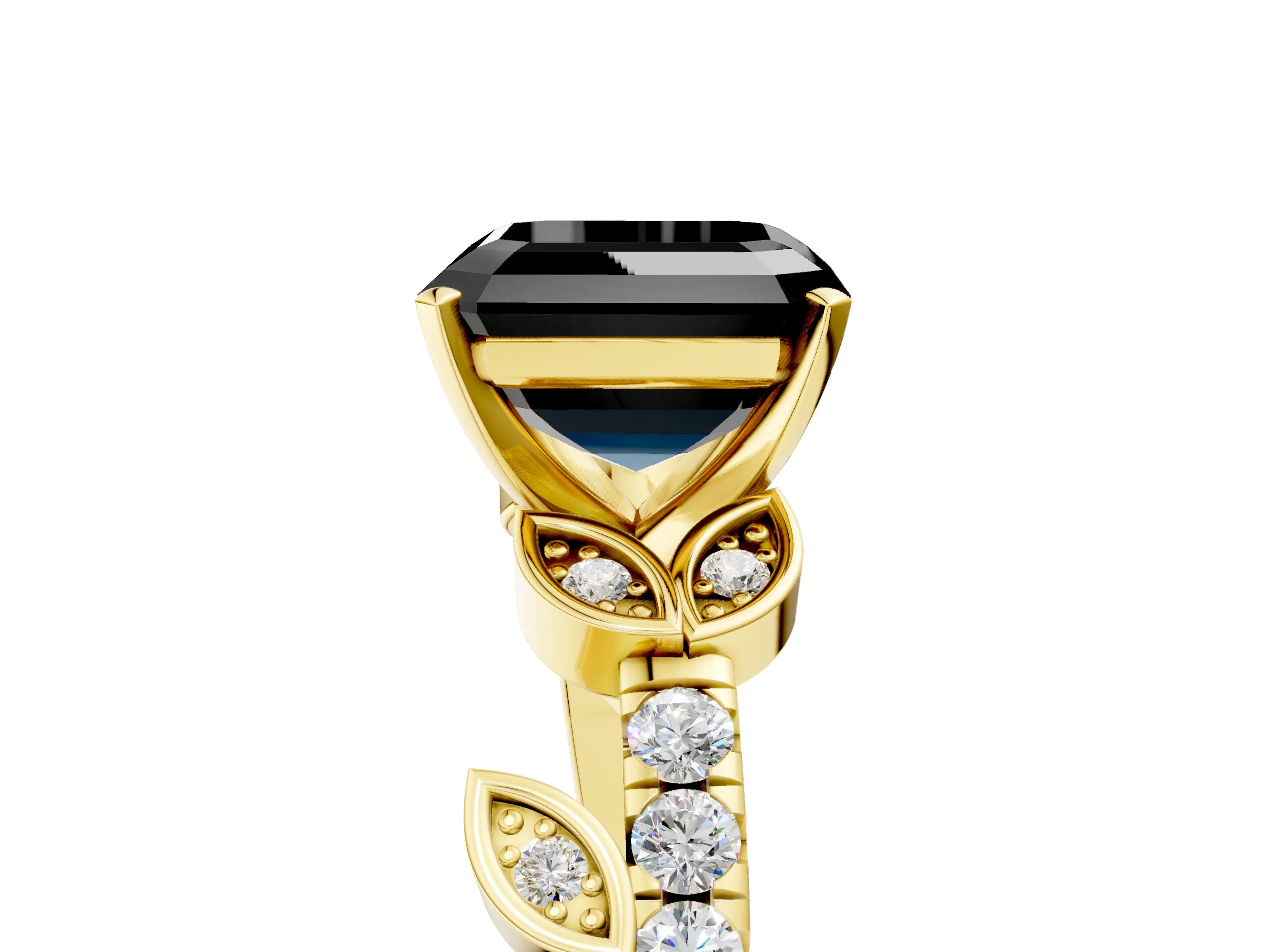 Yellow gold Fancy Black Asscher Cut Solitaire Leaf-Inspired Diamond Ring with Pavé Band and Four-Prong Setting_5