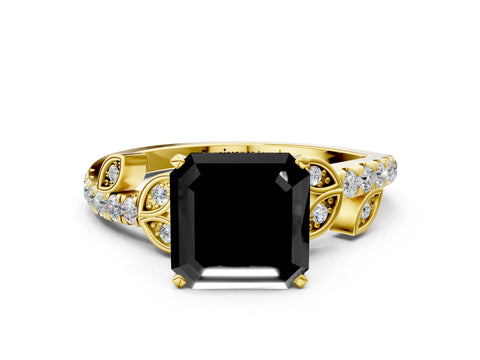Yellow gold Fancy Black Asscher Cut Solitaire Leaf-Inspired Diamond Ring with Pavé Band and Four-Prong Setting