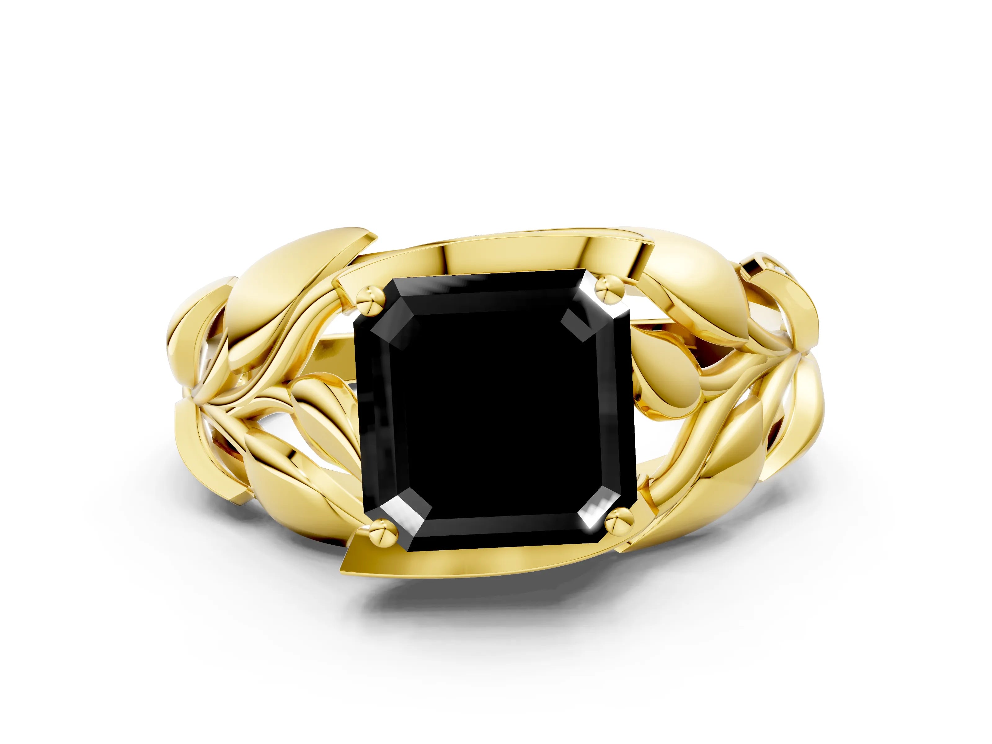 Yellow gold Fancy Black Asscher Cut Solitaire Leaf-Inspired Engagement Ring with Prong Setting