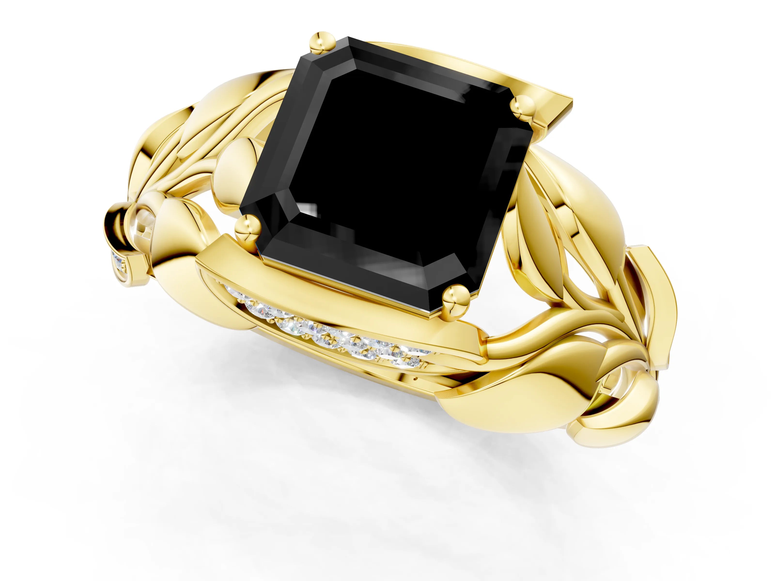 Yellow gold Fancy Black Asscher Cut Solitaire Leaf-Inspired Engagement Ring with Prong Setting_1