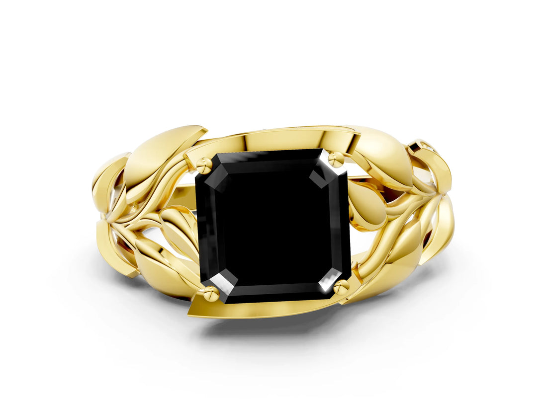 Yellow gold Fancy Black Asscher Cut Solitaire Leaf-Inspired Engagement Ring with Prong Setting_12