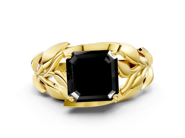 Yellow Gold Asscher Cut Leaf Bypass Engagement Ring Setting for Black Center with Pave Leaf Panels