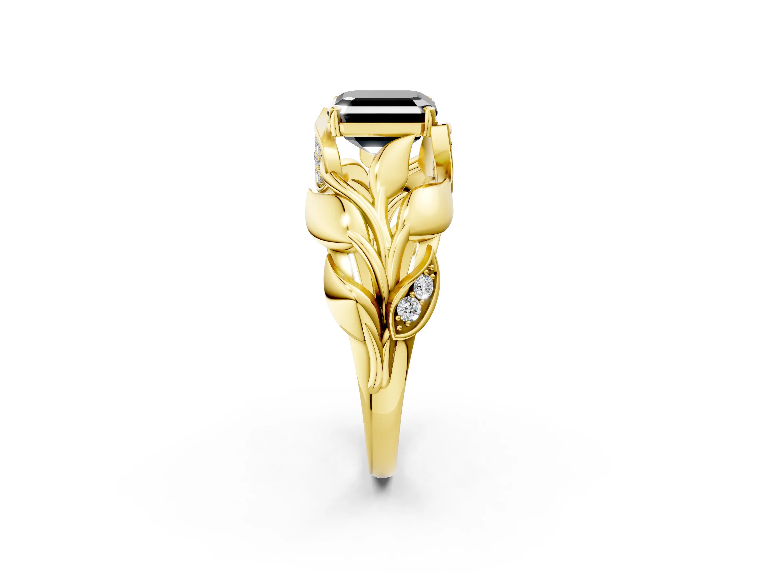 Yellow gold Fancy Black Asscher Cut Solitaire Leaf-Inspired Engagement Ring with Prong Setting_2