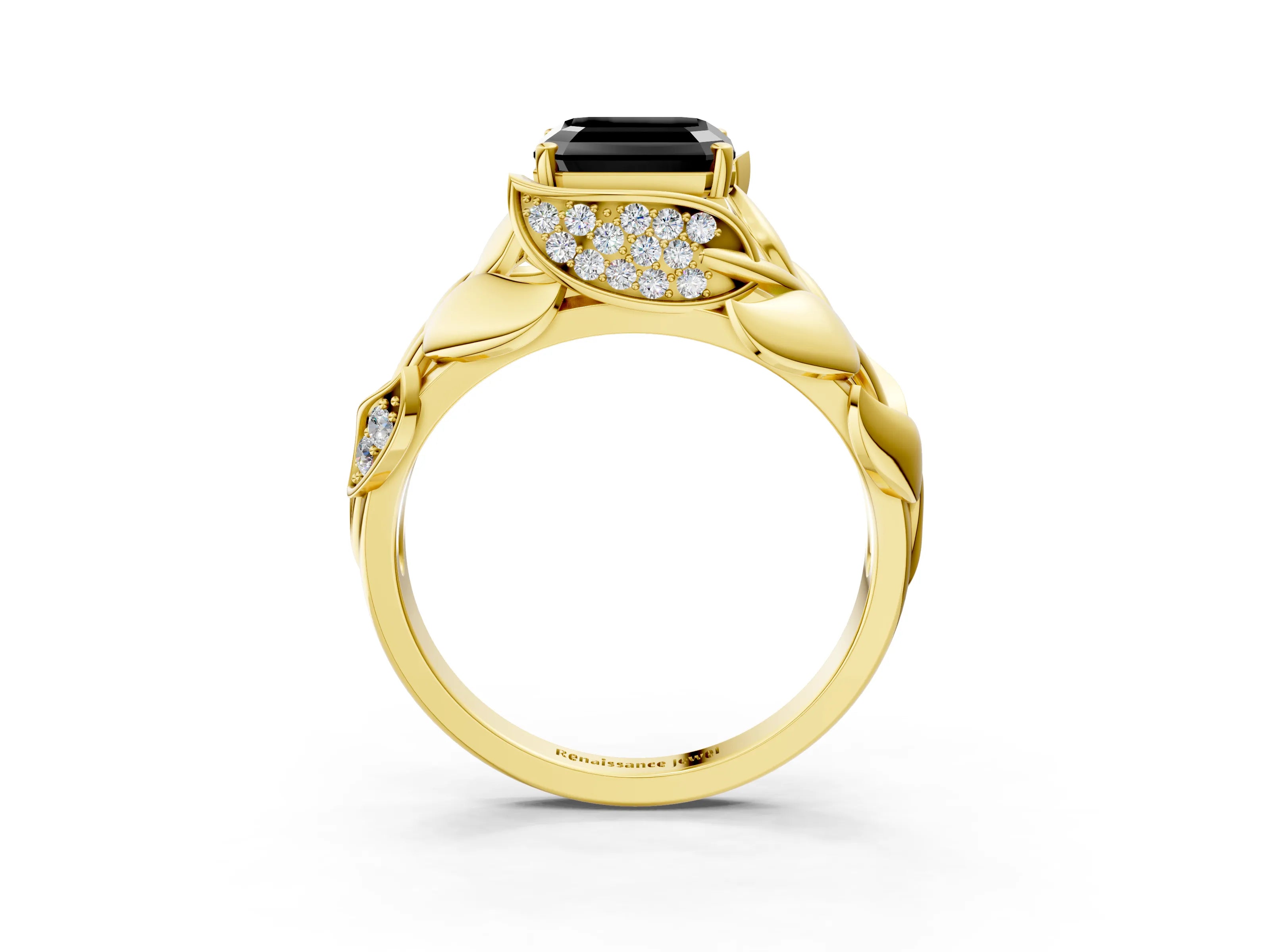 Yellow gold Fancy Black Asscher Cut Solitaire Leaf-Inspired Engagement Ring with Prong Setting_3