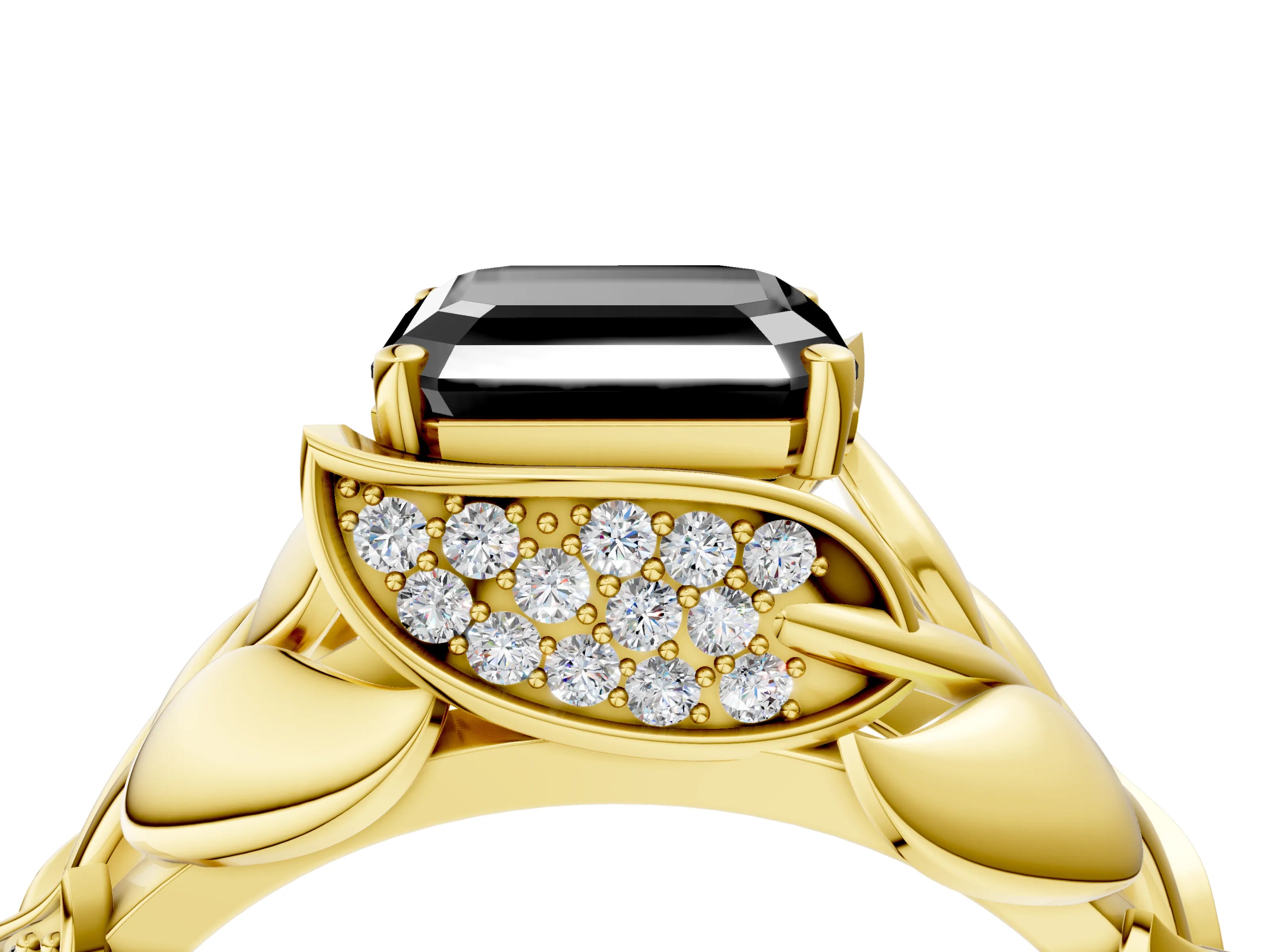Yellow gold Fancy Black Asscher Cut Solitaire Leaf-Inspired Engagement Ring with Prong Setting_4