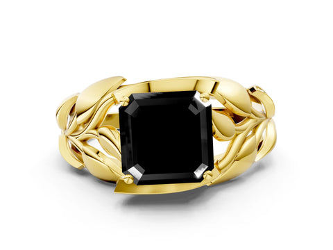 Yellow gold Fancy Black Asscher Cut Solitaire Leaf-Inspired Engagement Ring with Prong Setting