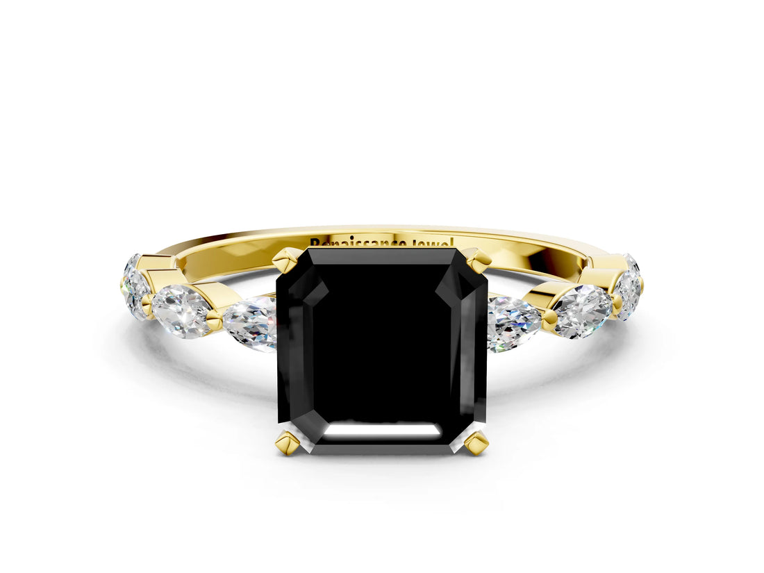 Yellow gold Fancy Black Asscher Cut Solitaire Marquise Side Stone Prong Setting Ring