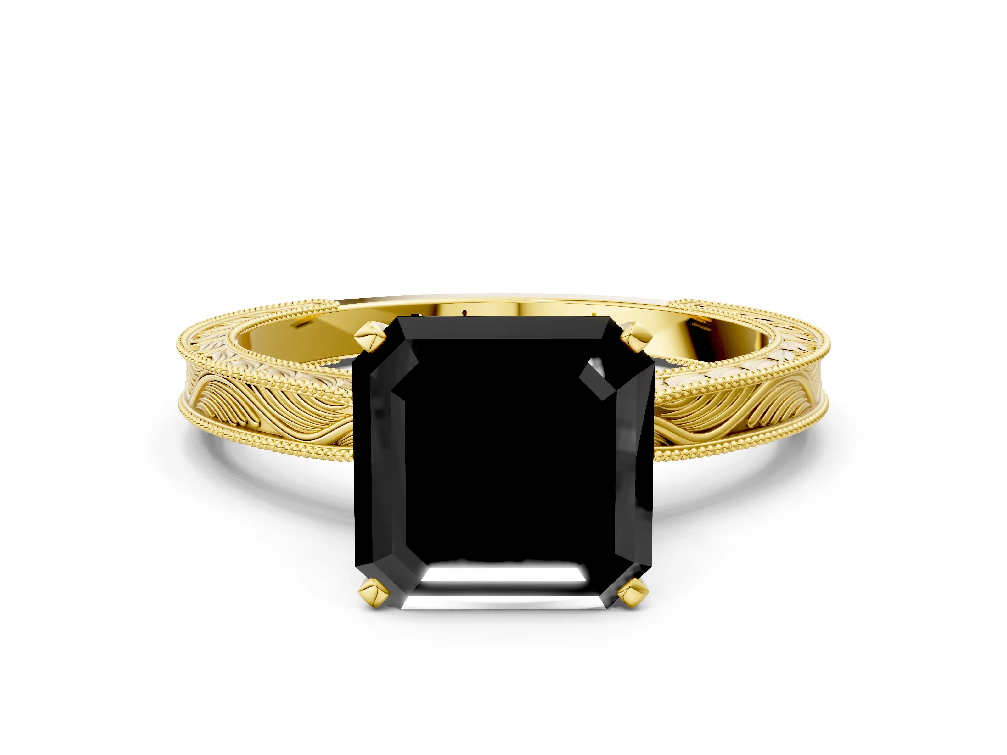 Yellow gold Fancy Black Asscher Cut Solitaire Milgrain Engraved Band with Four-Prong Setting