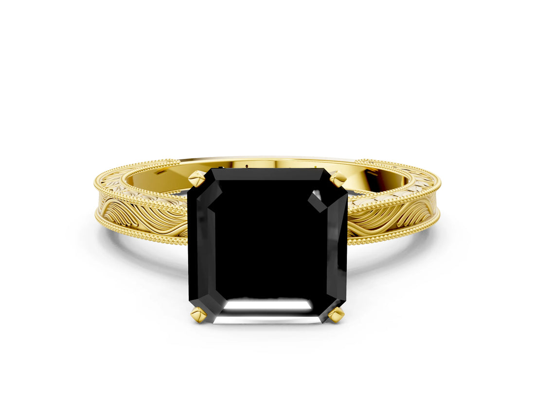 Yellow gold Fancy Black Asscher Cut Solitaire Milgrain Engraved Band with Four-Prong Setting