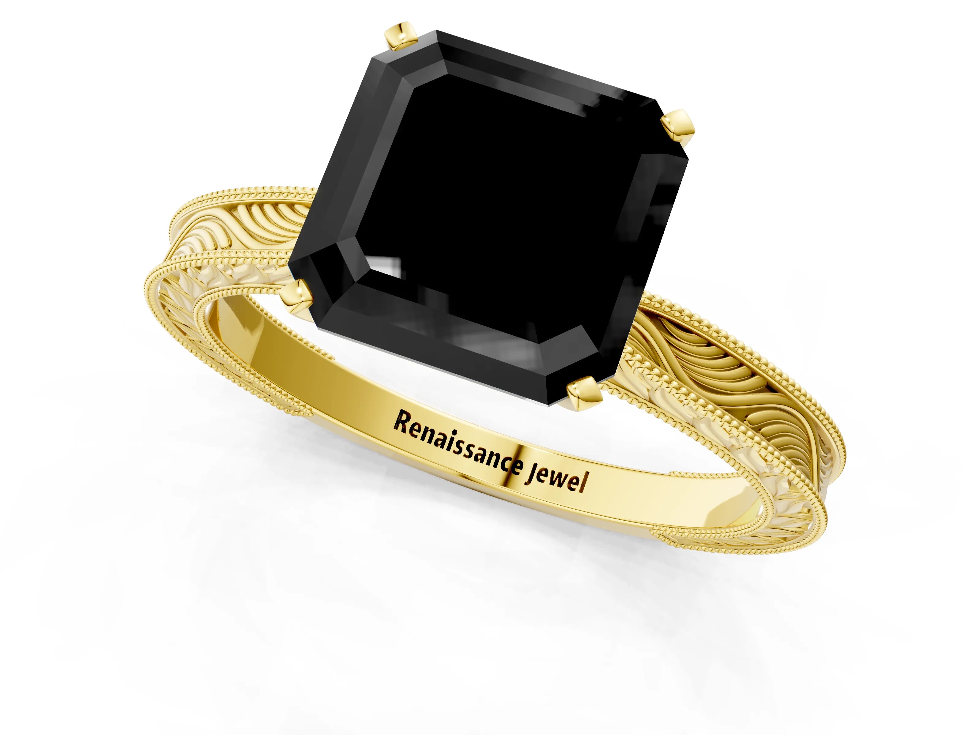 Yellow gold Fancy Black Asscher Cut Solitaire Milgrain Engraved Band with Four-Prong Setting_1