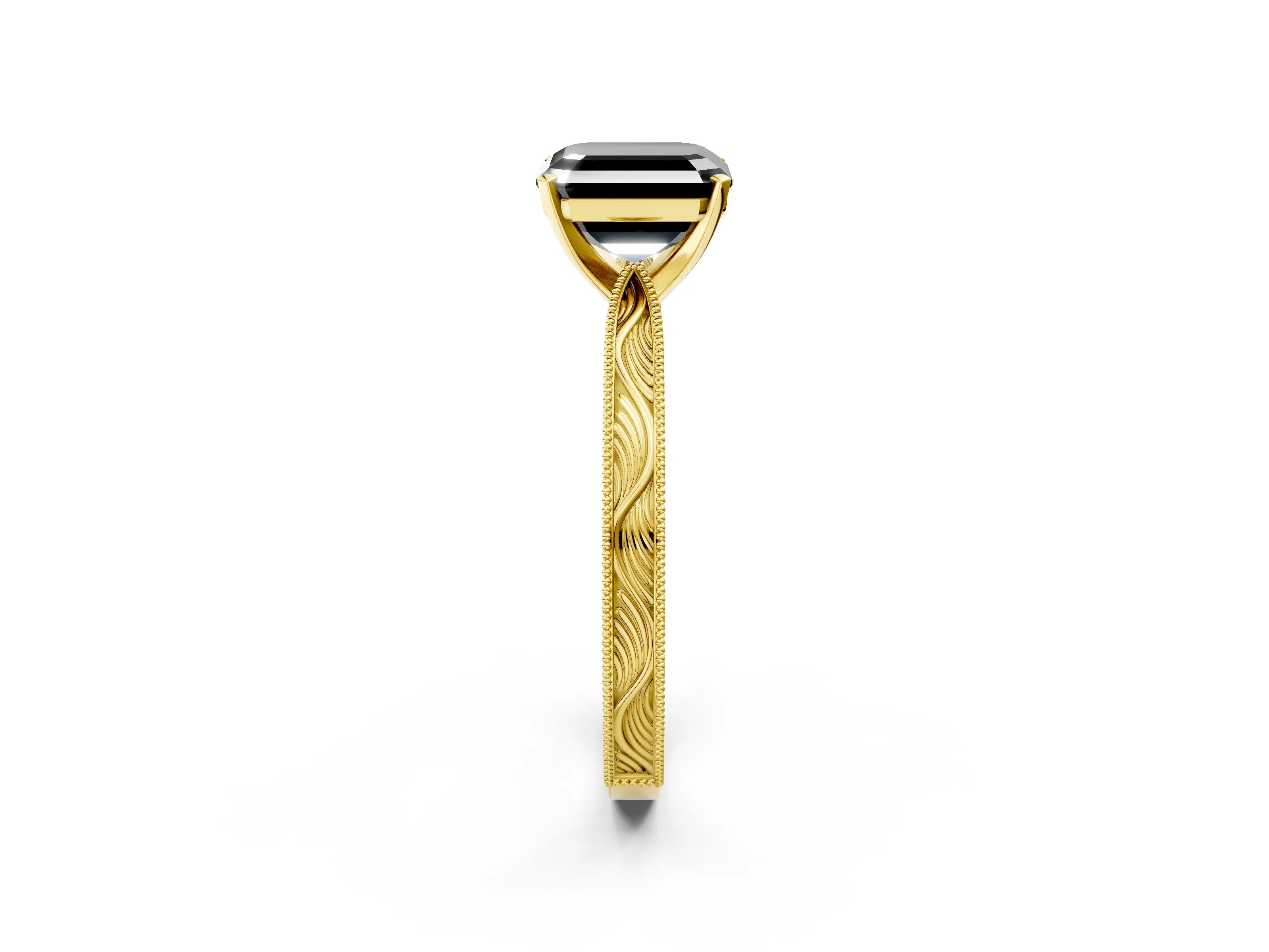 Yellow gold Fancy Black Asscher Cut Solitaire Milgrain Engraved Band with Four-Prong Setting_2