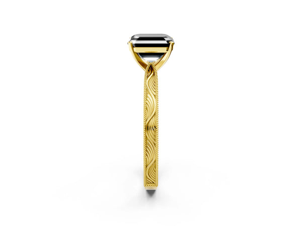 Yellow Gold Asscher Cut Solitaire Engagement Ring Setting for Black Center with Engraved Band