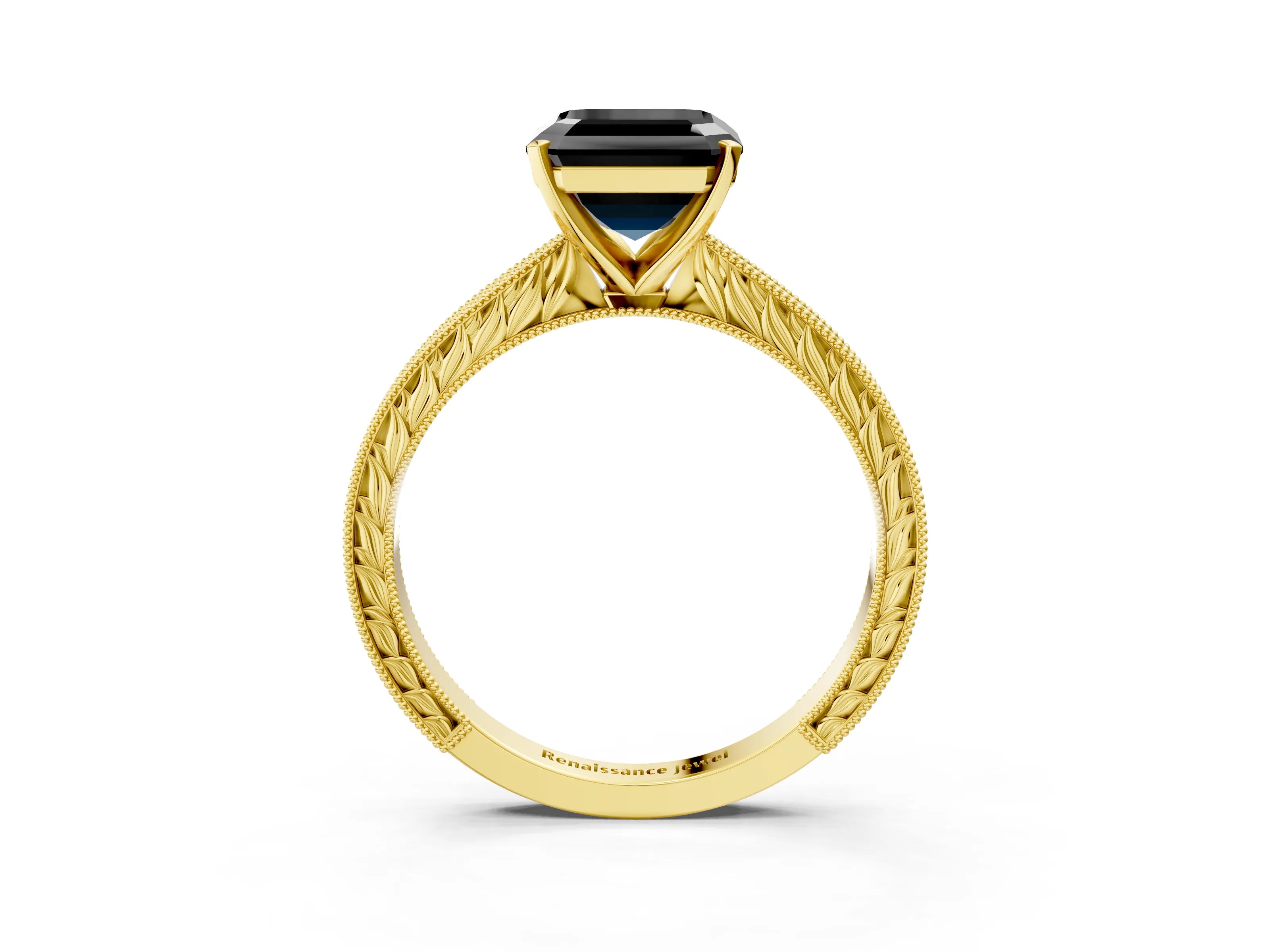Yellow gold Fancy Black Asscher Cut Solitaire Milgrain Engraved Band with Four-Prong Setting_3