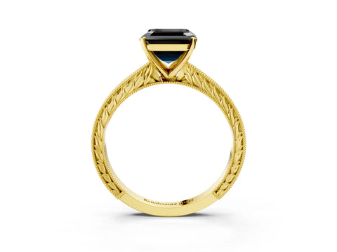 Yellow gold Fancy Black Asscher Cut Solitaire Milgrain Engraved Band with Four-Prong Setting_3