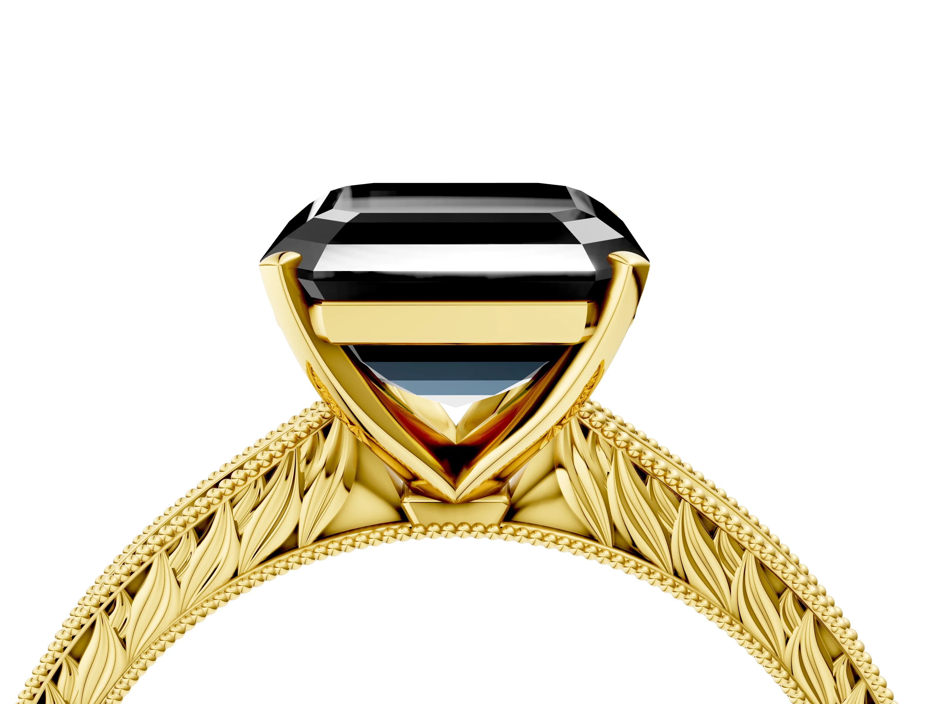 Yellow gold Fancy Black Asscher Cut Solitaire Milgrain Engraved Band with Four-Prong Setting_4