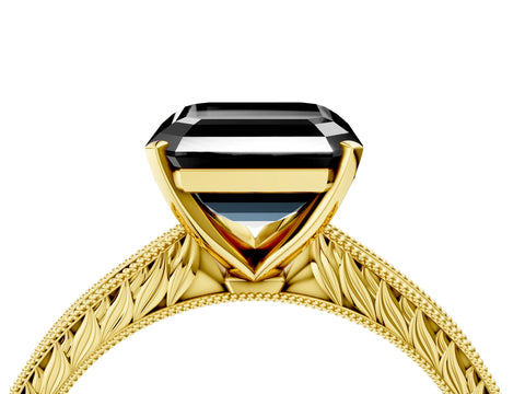 Yellow gold Fancy Black Asscher Cut Solitaire Milgrain Engraved Band with Four-Prong Setting_4