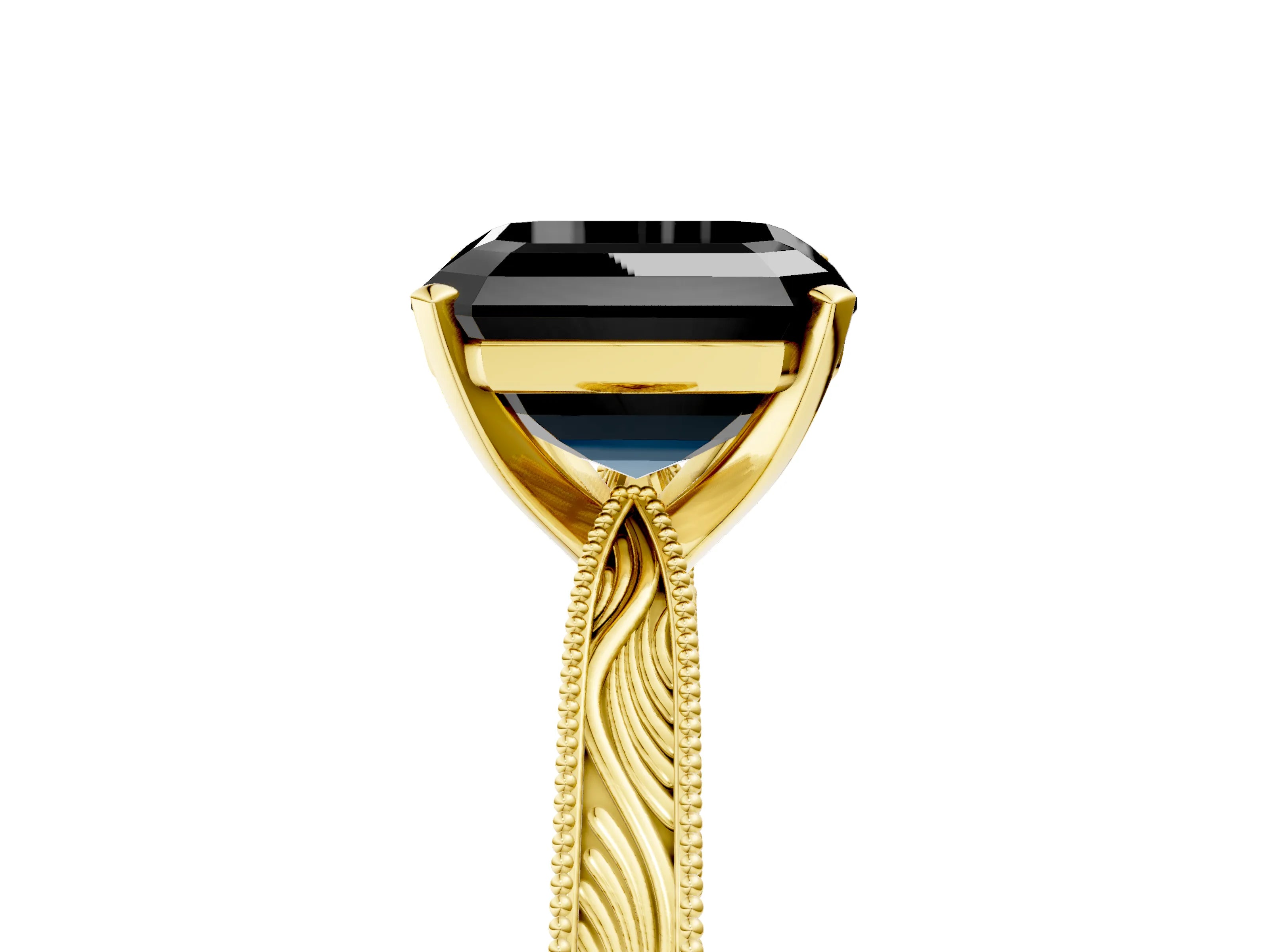 Yellow gold Fancy Black Asscher Cut Solitaire Milgrain Engraved Band with Four-Prong Setting_5