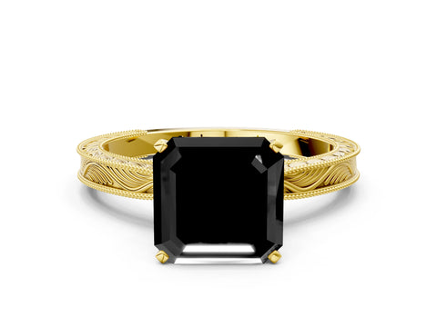 Yellow gold Fancy Black Asscher Cut Solitaire Milgrain Engraved Band with Four-Prong Setting