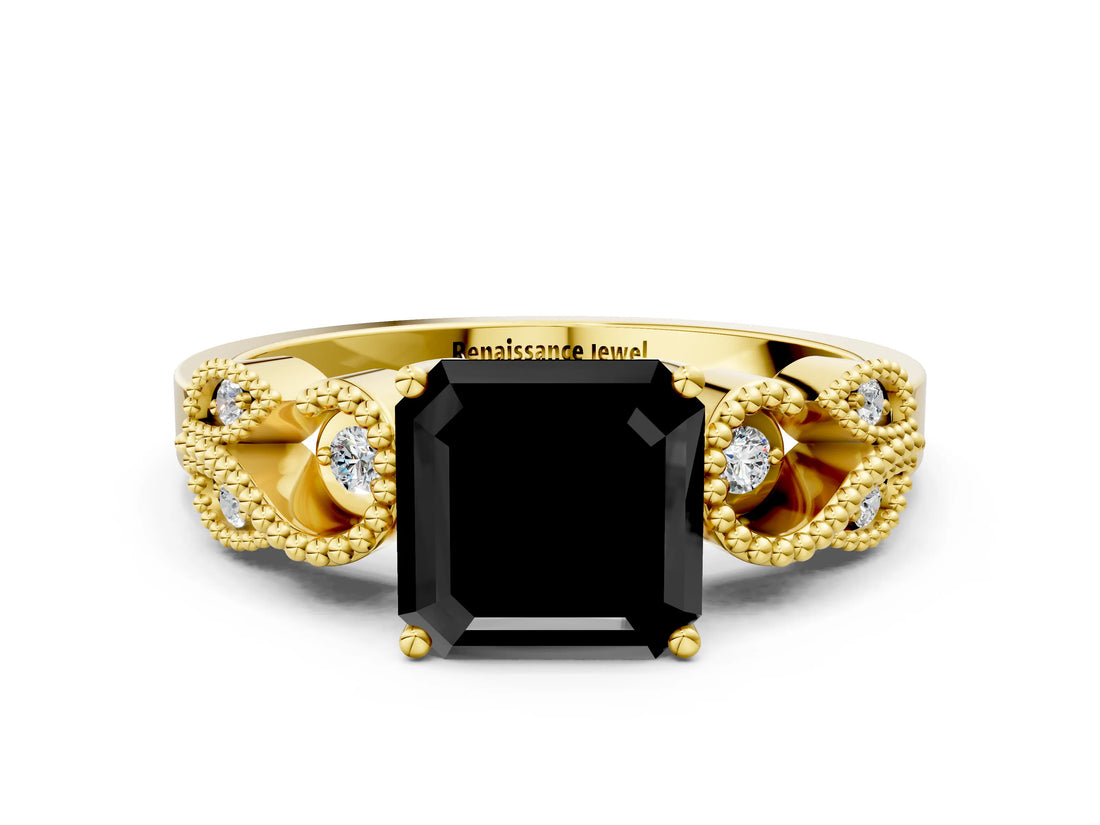 Yellow gold Fancy Black Asscher Cut Solitaire Milgrain Leaf Band with Prong Setting_12