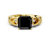 Yellow gold Fancy Black Asscher Cut Solitaire Milgrain Leaf Band with Prong Setting_12