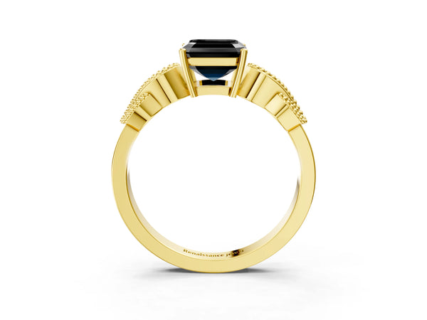 Yellow Gold Asscher Cut Vintage Solitaire Engagement Ring Setting for Black Center