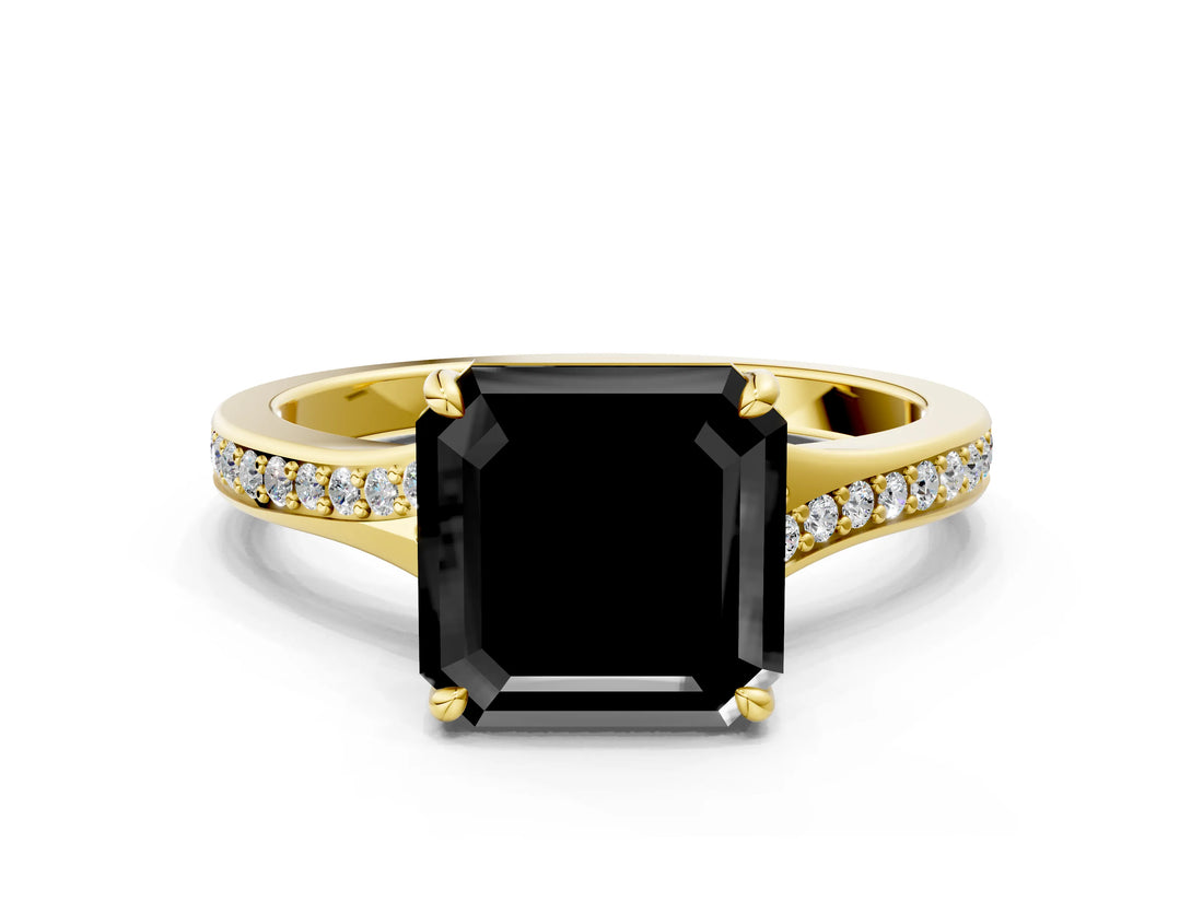 Yellow gold Fancy Black Asscher Cut Solitaire Pavé Band with Four-Prong Setting