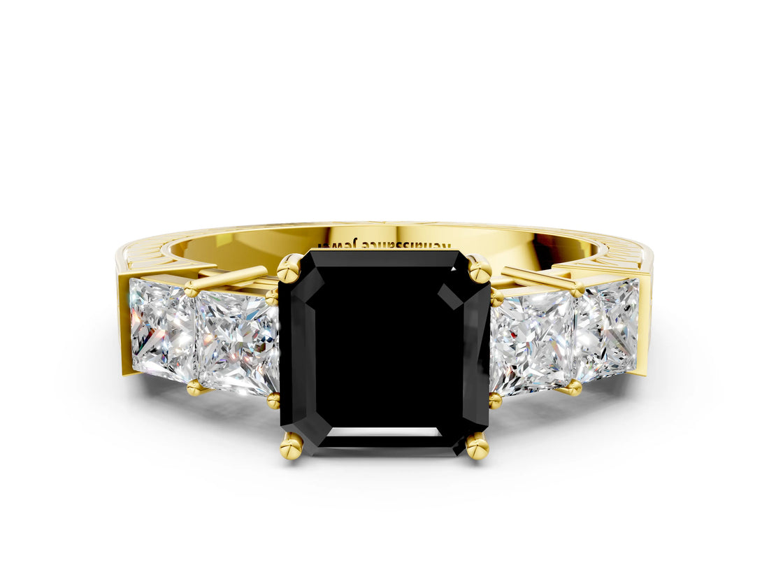 Yellow gold Fancy Black Asscher Cut Solitaire Princess Side Stone Engraved Band Prong Setting Ring