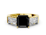 Yellow gold Fancy Black Asscher Cut Solitaire Princess Side Stone Engraved Band Prong Setting Ring
