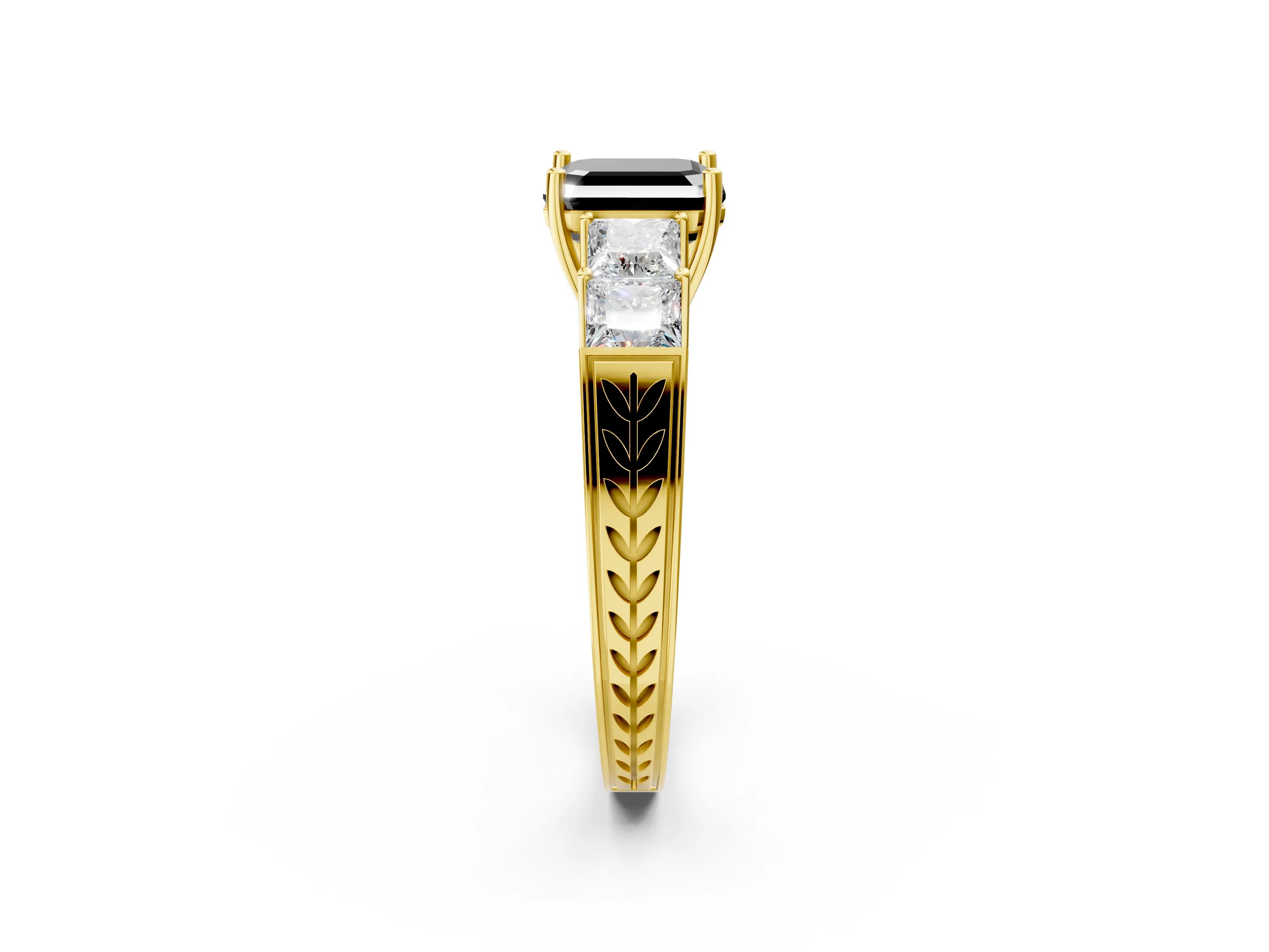 Yellow gold Fancy Black Asscher Cut Solitaire Princess Side Stone Engraved Band Prong Setting Ring_2