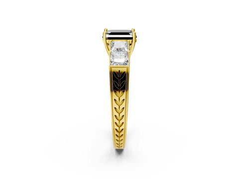 Yellow gold Fancy Black Asscher Cut Solitaire Princess Side Stone Engraved Band Prong Setting Ring_2
