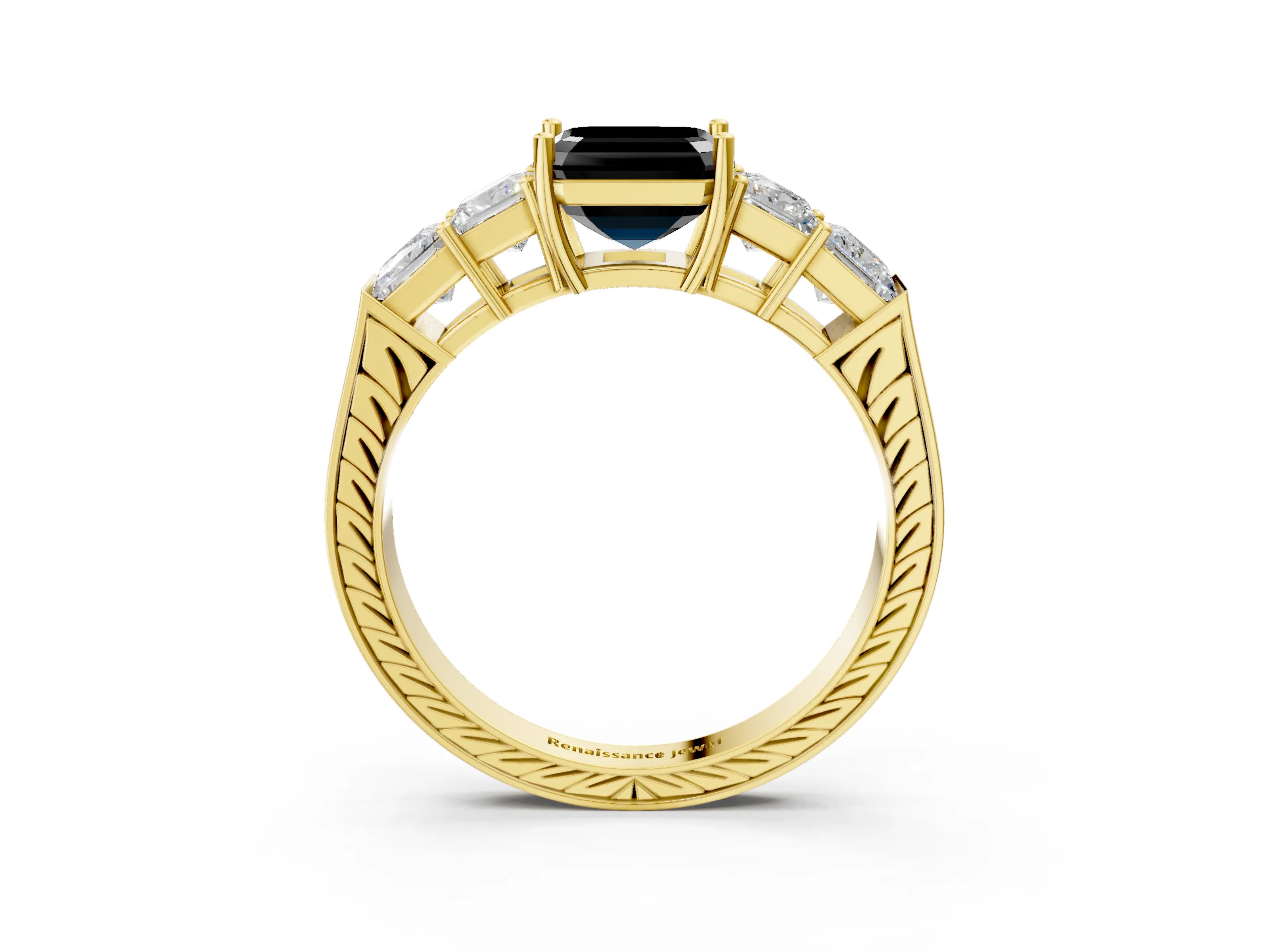 Yellow gold Fancy Black Asscher Cut Solitaire Princess Side Stone Engraved Band Prong Setting Ring_3