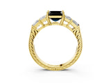 Yellow gold Fancy Black Asscher Cut Solitaire Princess Side Stone Engraved Band Prong Setting Ring_3