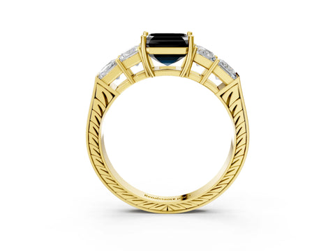 Yellow gold Fancy Black Asscher Cut Solitaire Princess Side Stone Engraved Band Prong Setting Ring_3