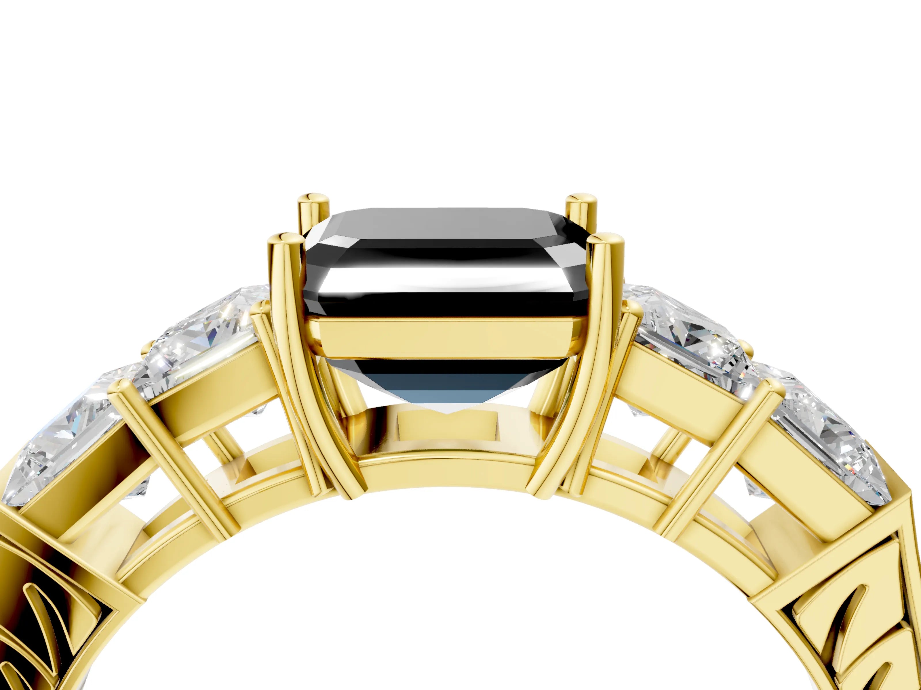 Yellow gold Fancy Black Asscher Cut Solitaire Princess Side Stone Engraved Band Prong Setting Ring_4