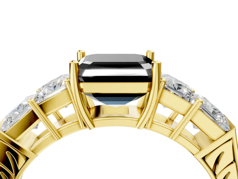 Yellow gold Fancy Black Asscher Cut Solitaire Princess Side Stone Engraved Band Prong Setting Ring_4