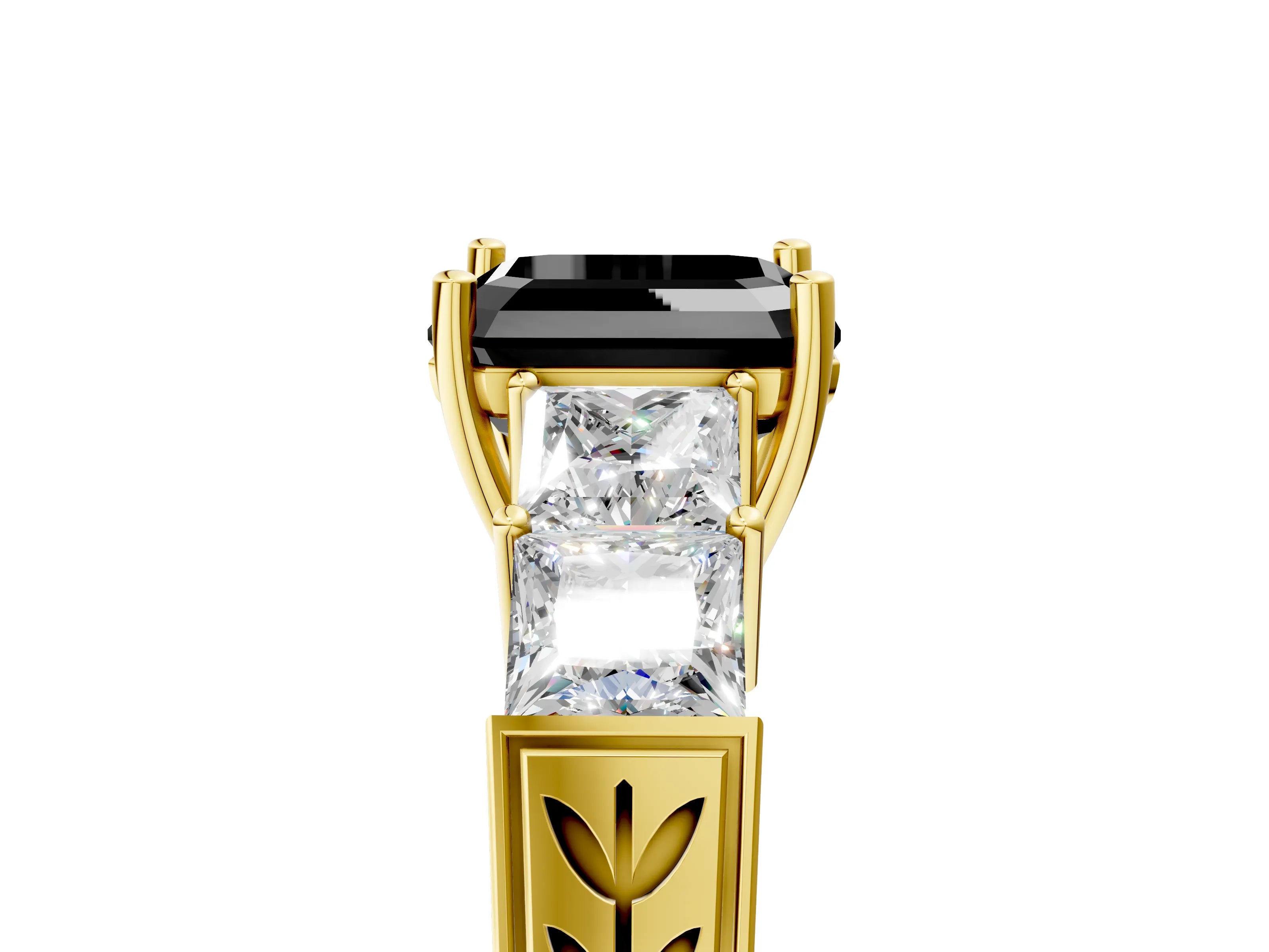 Yellow gold Fancy Black Asscher Cut Solitaire Princess Side Stone Engraved Band Prong Setting Ring_5
