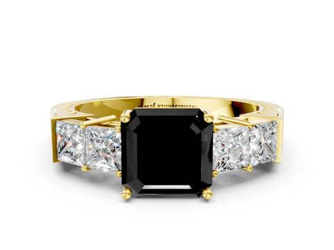 Yellow gold Fancy Black Asscher Cut Solitaire Princess Side Stone Engraved Band Prong Setting Ring