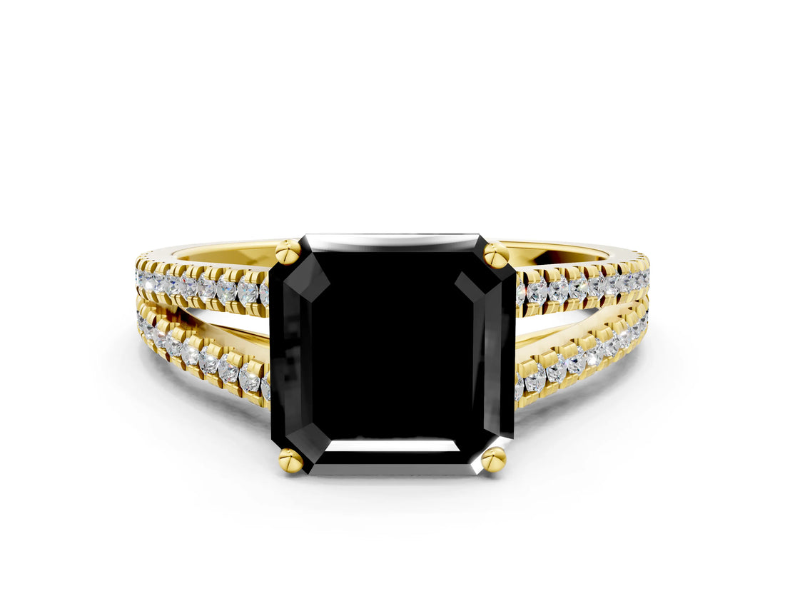 Yellow gold Fancy Black Asscher Cut Solitaire Split Shank Pavé Diamond Engagement Ring