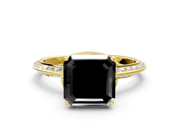 Yellow Gold Asscher Cut Graduated Pave Engagement Ring Setting for Black Center